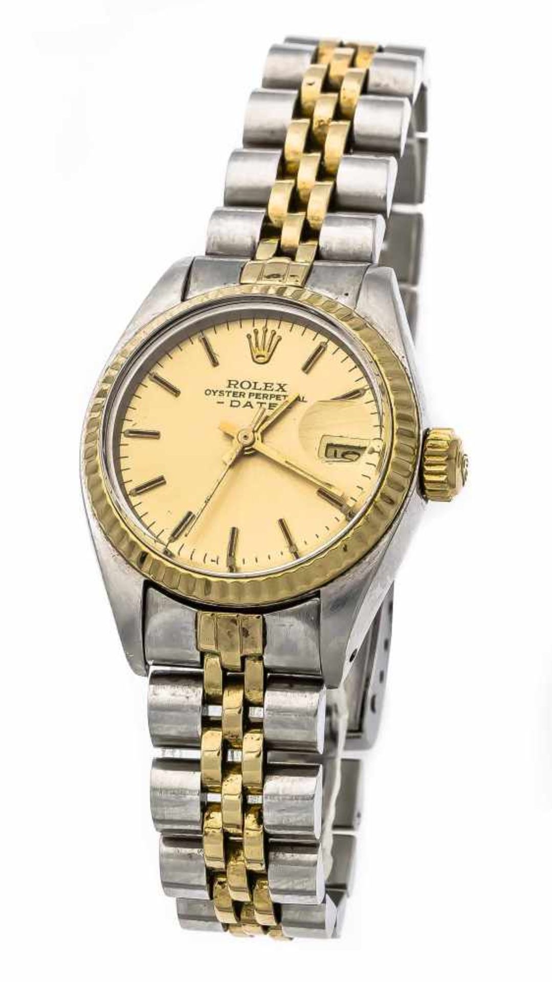 Damen-Rolex, Stahl/Gold 750/000, Oyster Perpetual Date, läuft, goldenes Zifferblatt, Armband Stahl/