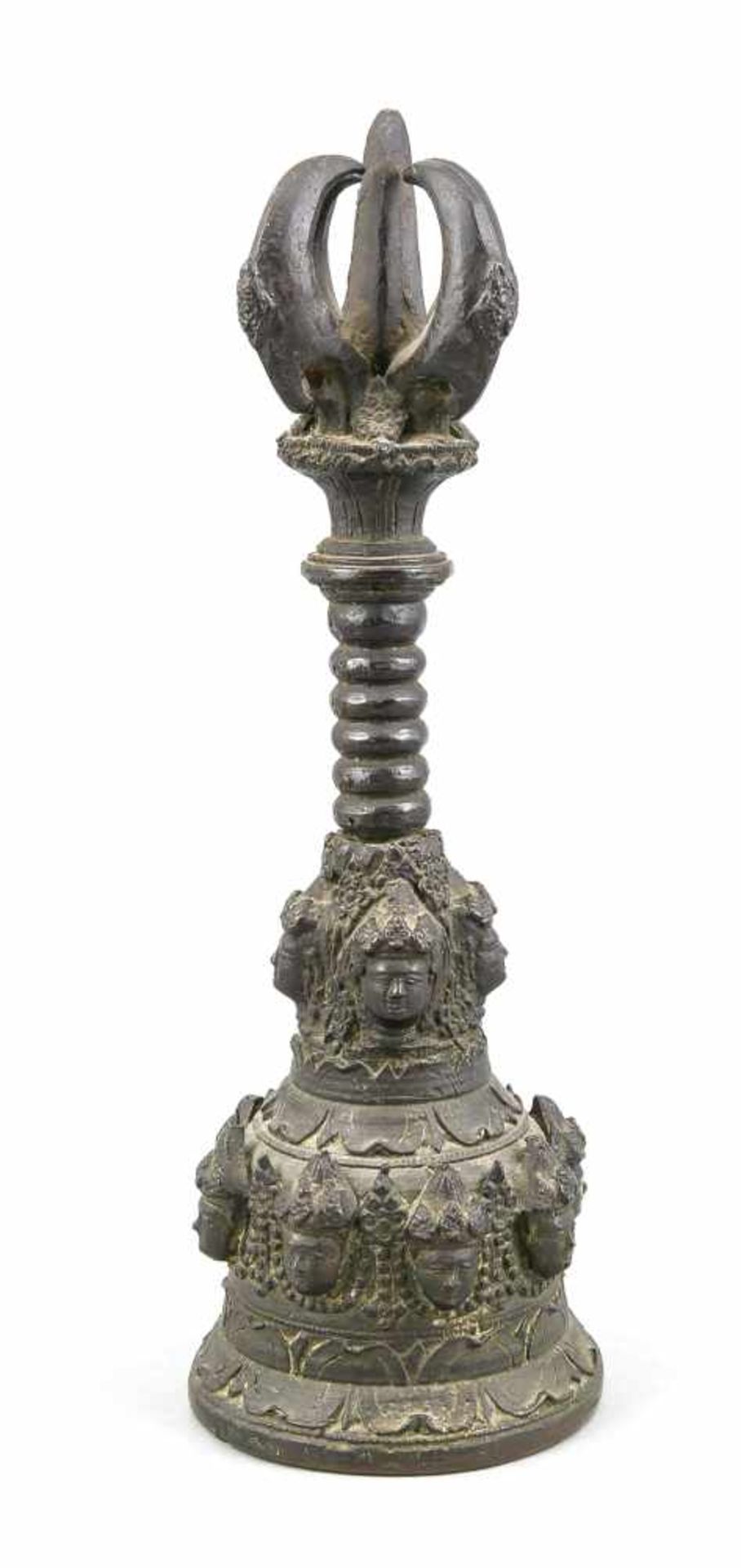 Ghanta, Tibet, 19. Jh., Bronze, schwarz patiniert, Tempelglocke mit Vajra-Griff u. plastischen