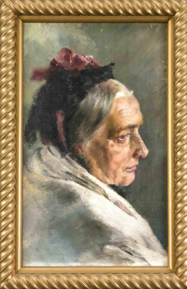Bildnismaler um 1900, einfühlsames Portrait einer älteren Frau nach rechts, Öl auf Malkarton,