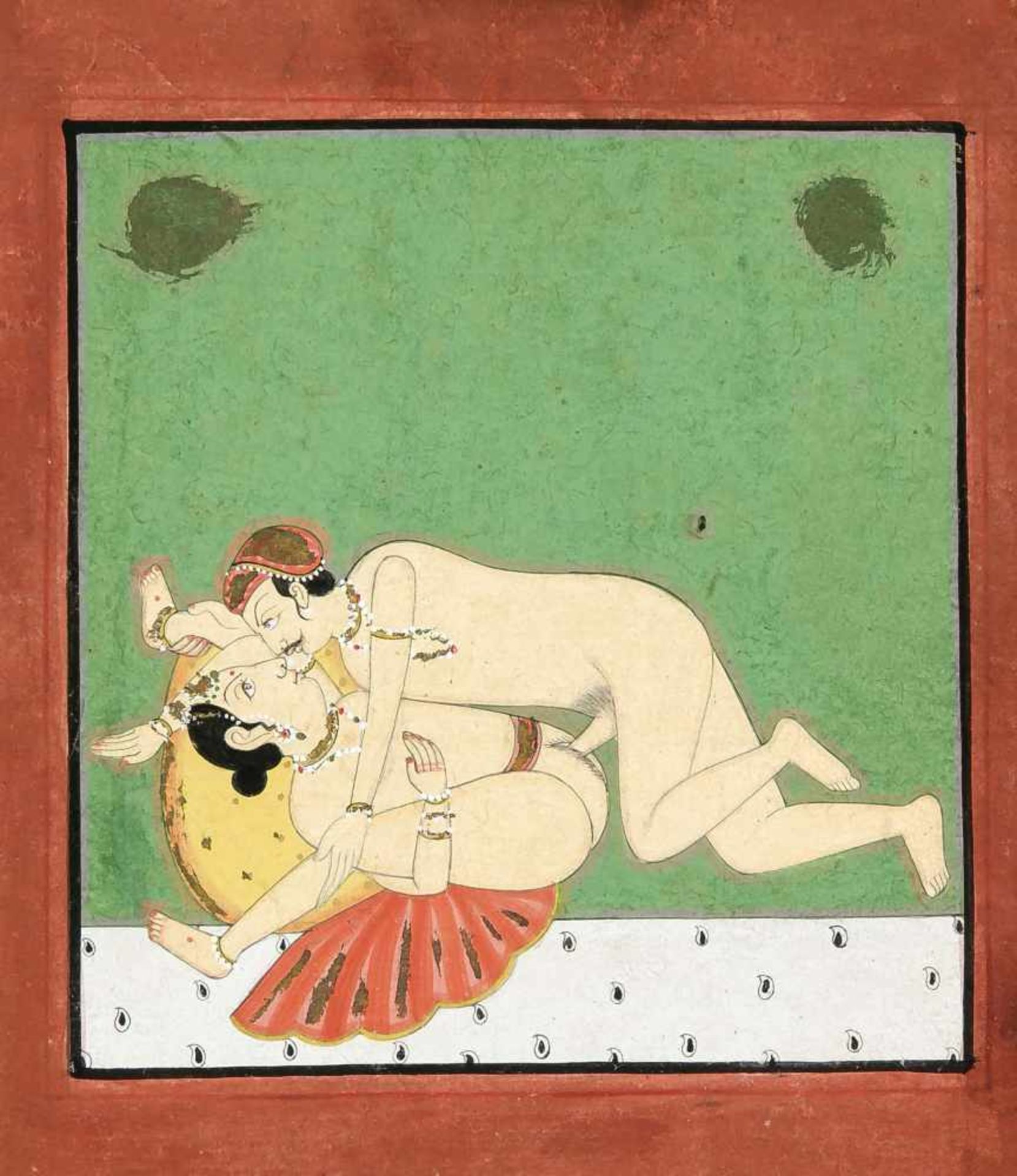 Erotische Malerei, Indien, spätes 19./frühes 20. Jh., polychrome Pigmente auf festem Papier, part.