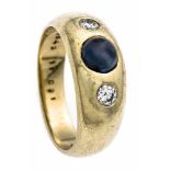 Saphir-Brillant-Ring GG 585/000 mit einem runden Saphir-Cabochon 5 mm in guter Farbe und 2