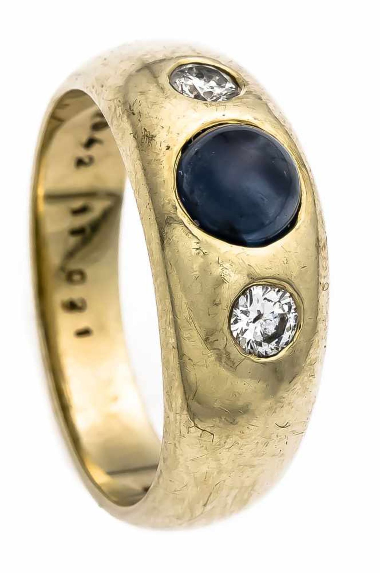 Saphir-Brillant-Ring GG 585/000 mit einem runden Saphir-Cabochon 5 mm in guter Farbe und 2