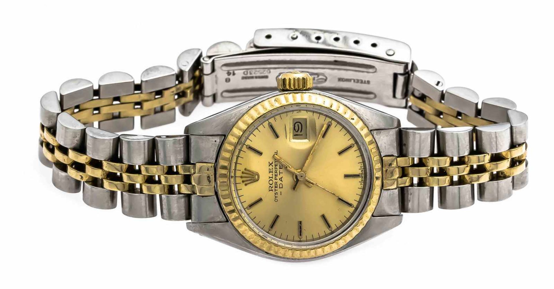 Damen-Rolex, Stahl/Gold 750/000, Oyster Perpetual Date, läuft, goldenes Zifferblatt, Armband Stahl/ - Bild 2 aus 3