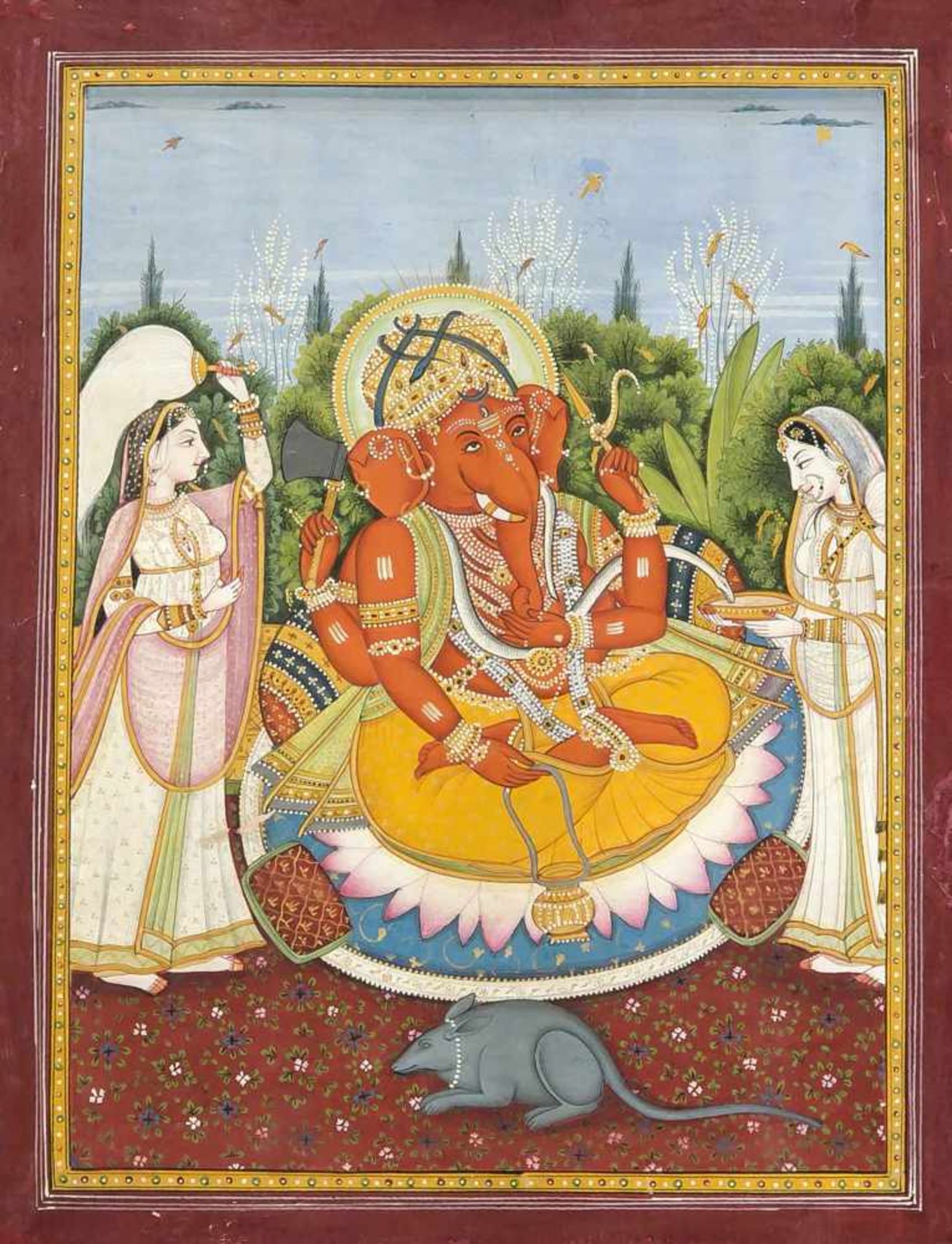 Indische Malerei, Kangra-Schule, Ende 19. Jh., polychrome Pigmente auf festem Papier, goldgehöht,