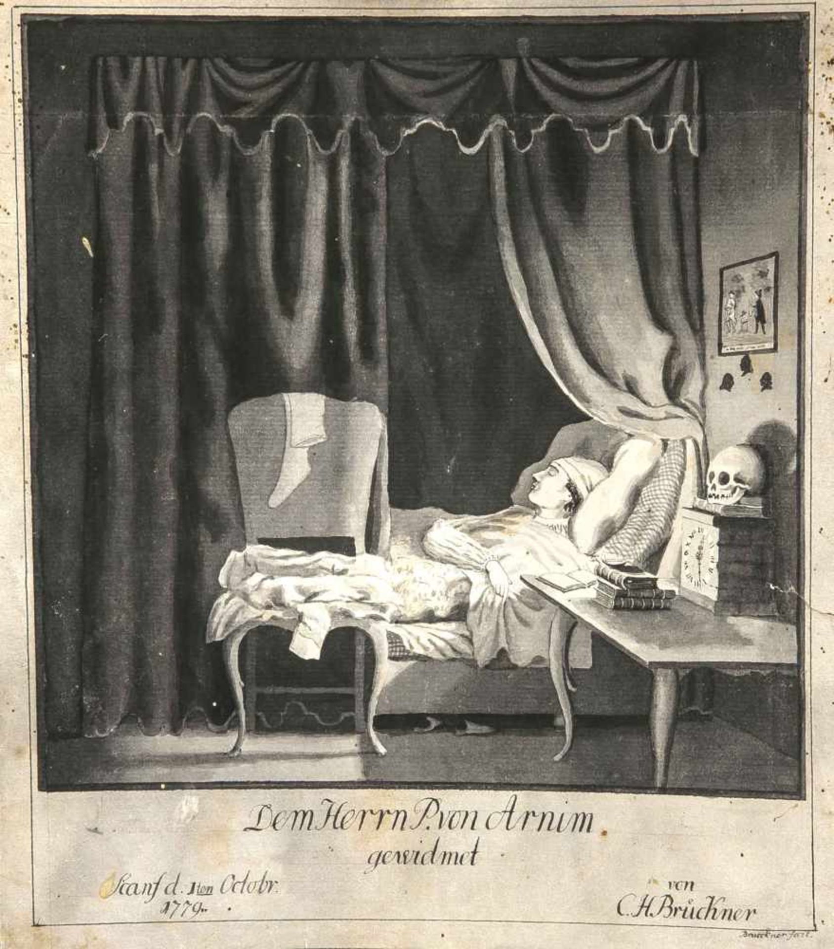 C.H. Brückner, 18. Jh., nächtliches Interieur mit einem schlafenden Mann im Alkoven mit einem