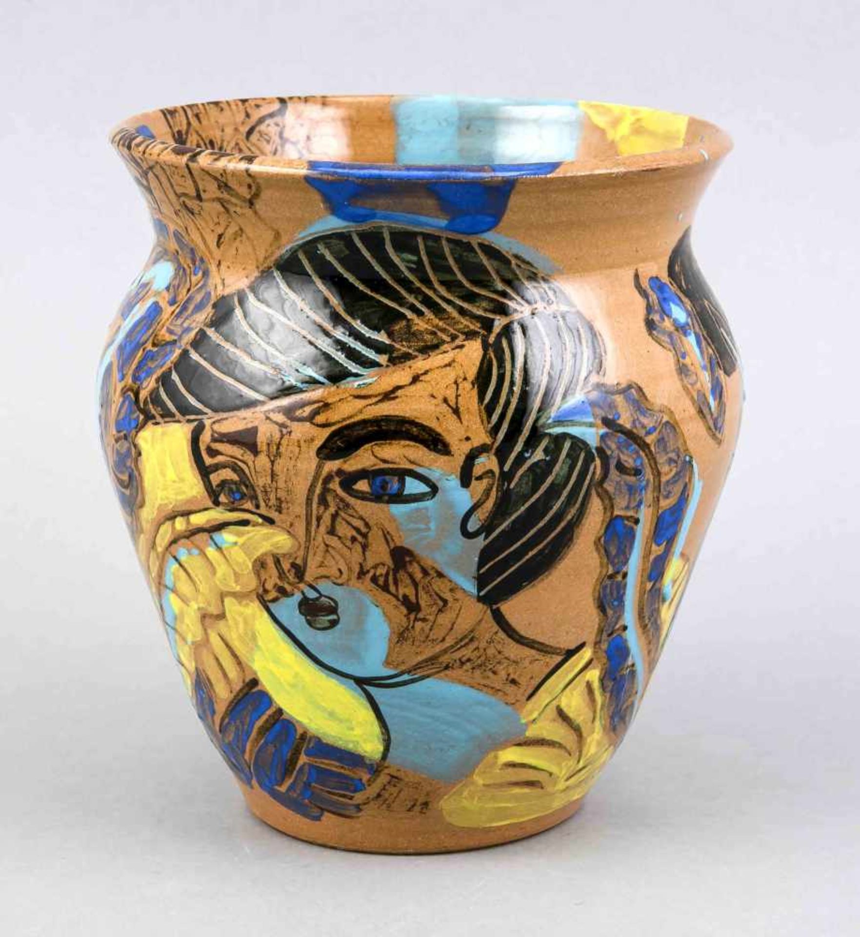 Künstler-Vase, w. Leo Kretschmar, u. sign., Keramik, umlaufend polychrom bemalt mit Figuren und