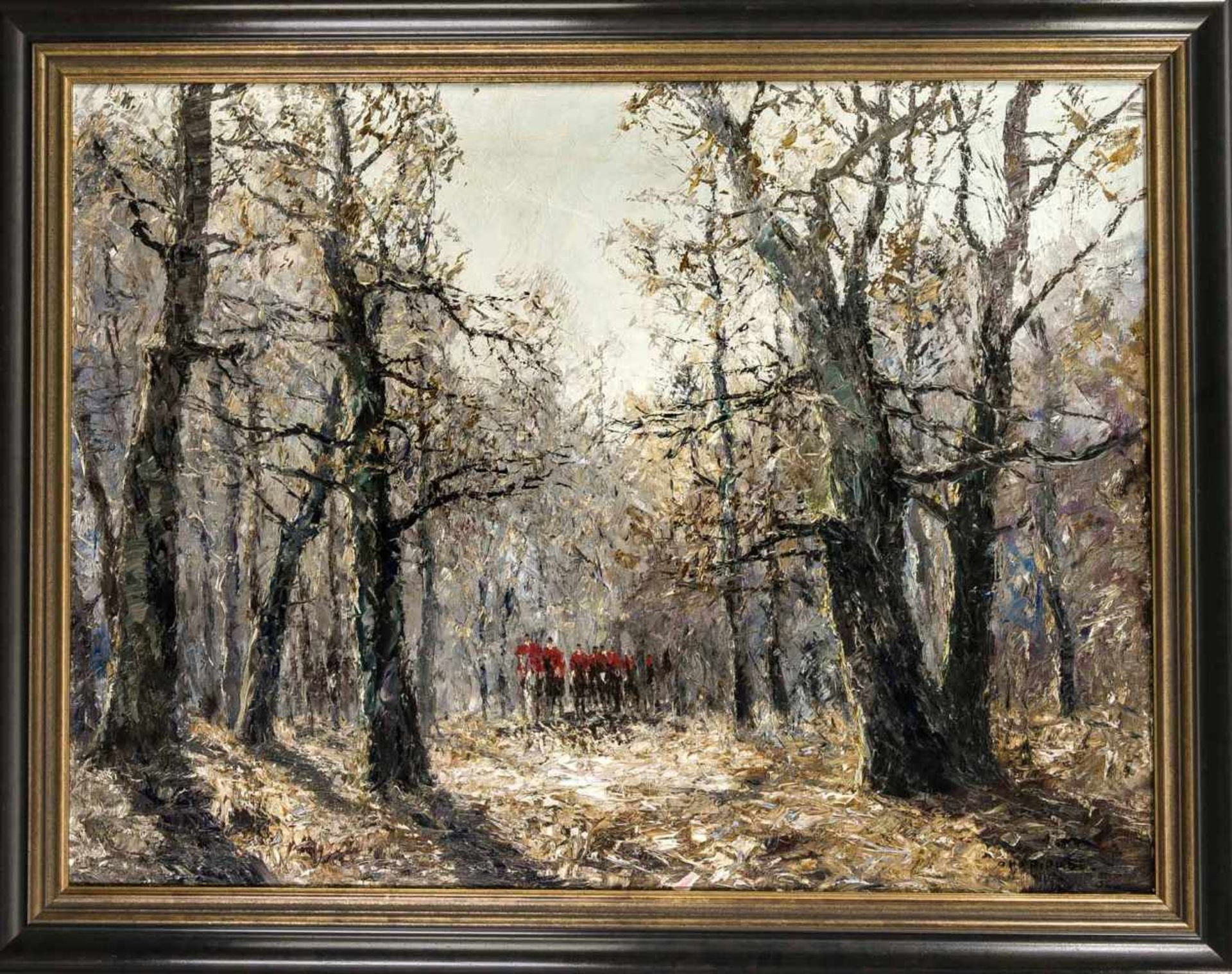 Otto Pippel (1878-1960), Parforcejäger in herbstlichem Waldstück, Öl/Lwd., u. re. sign., 75 x 100