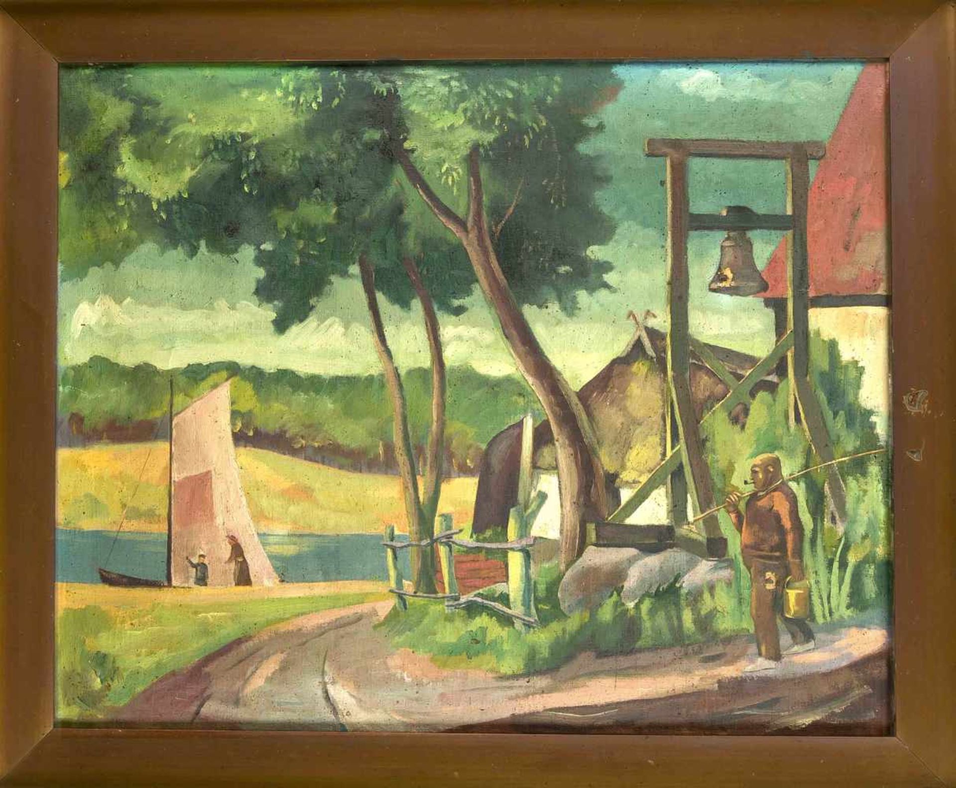 Deutscher Maler um 1920, Mann schreitet auf dem Weg zum Angeln an einer Glocke vorüber, expressive