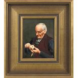 Porzellanbild, 20. Jh., Darstellung eines alten Mannes mit Schälmesser u. Apfel, r. u. monogr. "HZ",