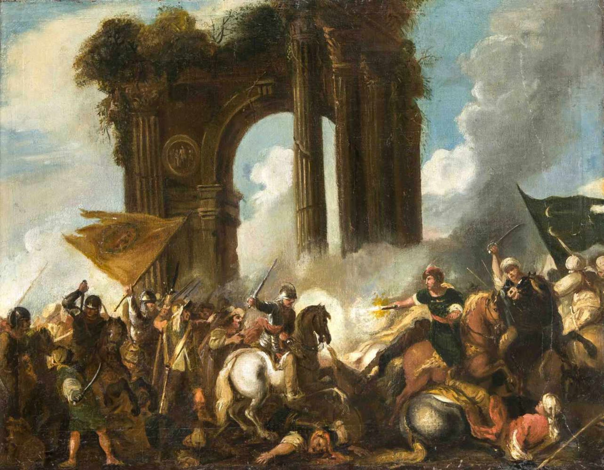 Schlachtenmaler um 1700, unter einem antiken Triumphbogen schlagen europäische Truppen die Osmanen