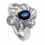 Saphir-Brillant-Ring WG 750/000 mit einem oval fac. Saphir 0,88 ct in sehr guter Farbe, Brillanten