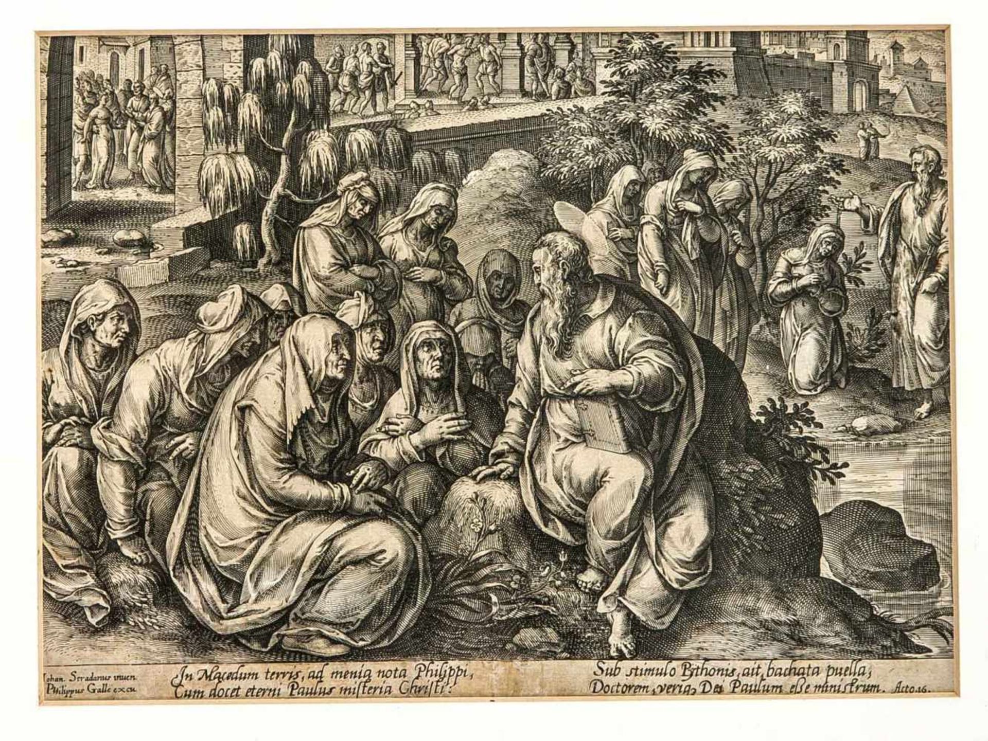Johannes Stradanus (1523-1605), Motiv aus der Paulusgeschichte, Kupferstich bei Galle um 1600, etwas