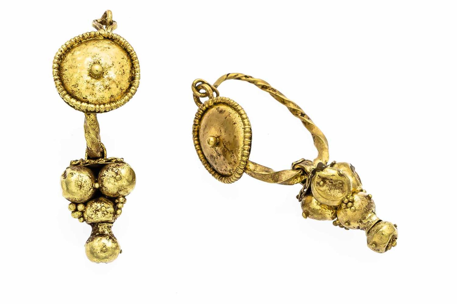 Antikschmuck Gold, wohl etruskisch 800 - 100 v. Chr., Ohrringe B. 11,5 mm, L. 36 mm, 6,5 g