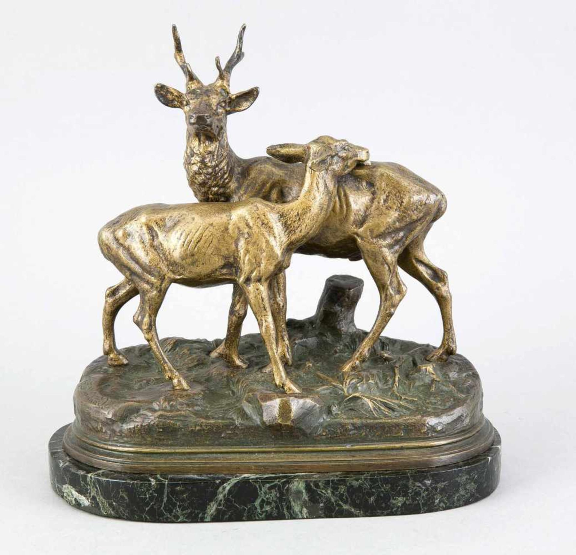 Alfred Dubucand (1828-1894), frz. Tierbildhauer, Hirschpaar, goldbraun patinierte Bronze auf