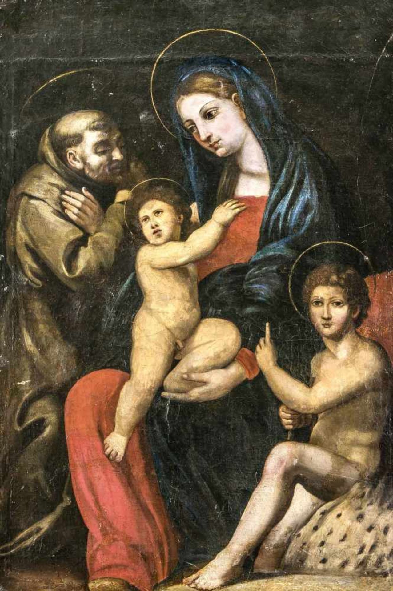Ital. Altmeister um 1700, Madonna mit dem Christusknaben, Johannes und Antonius von Padua, Öl/