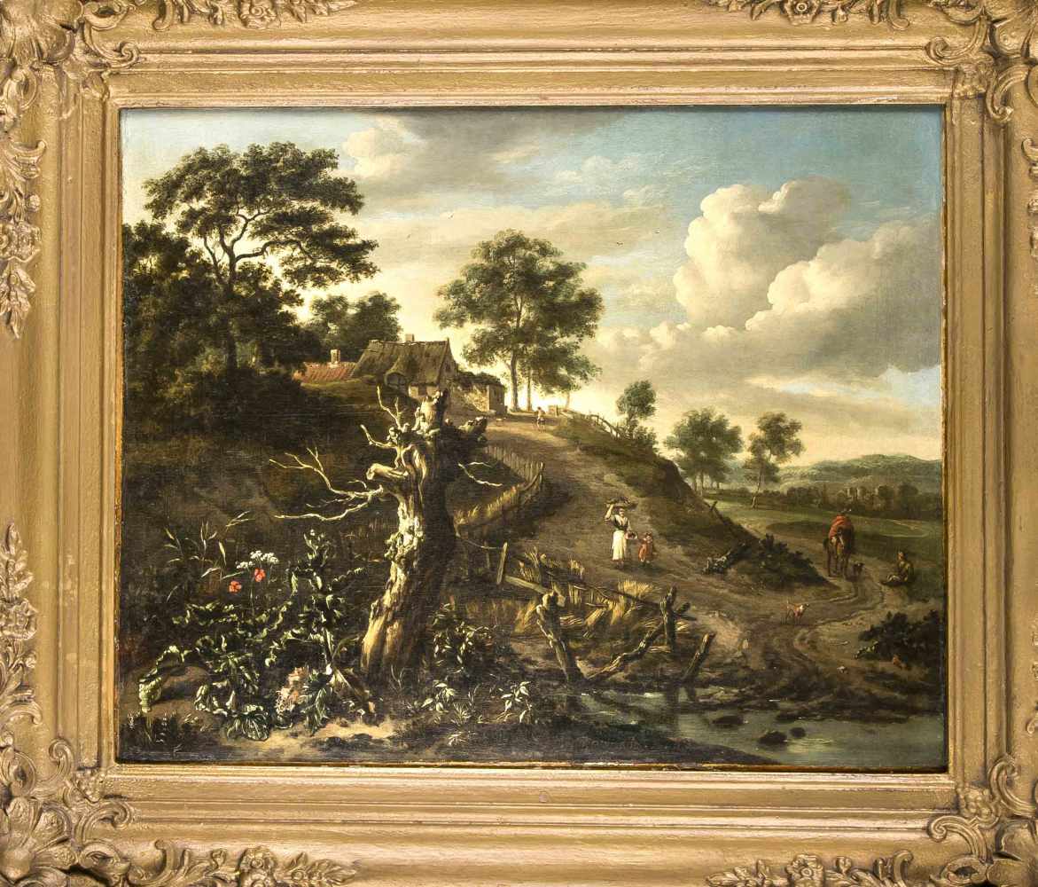Jan Wynants (1632-1684), niederländischer Landschaftsmaler, "Bewaldete Hügellandschaft mit großem