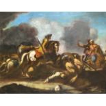Georg Philipp Rugendas (1666-1742) Umfeld, Schlachtenszene, bei der ein Kavallerist zwei Osmanen