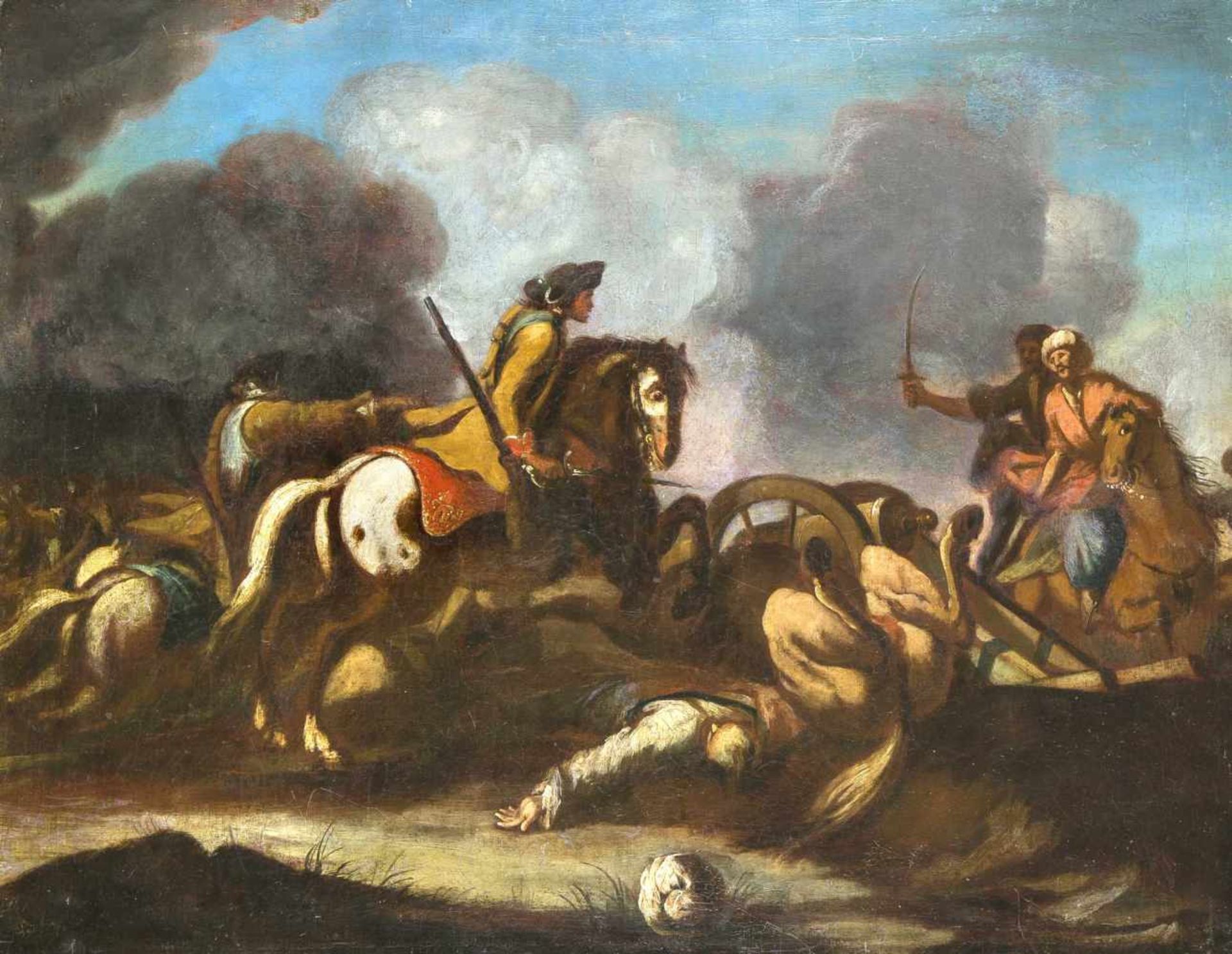 Georg Philipp Rugendas (1666-1742) Umfeld, Schlachtenszene, bei der ein Kavallerist zwei Osmanen
