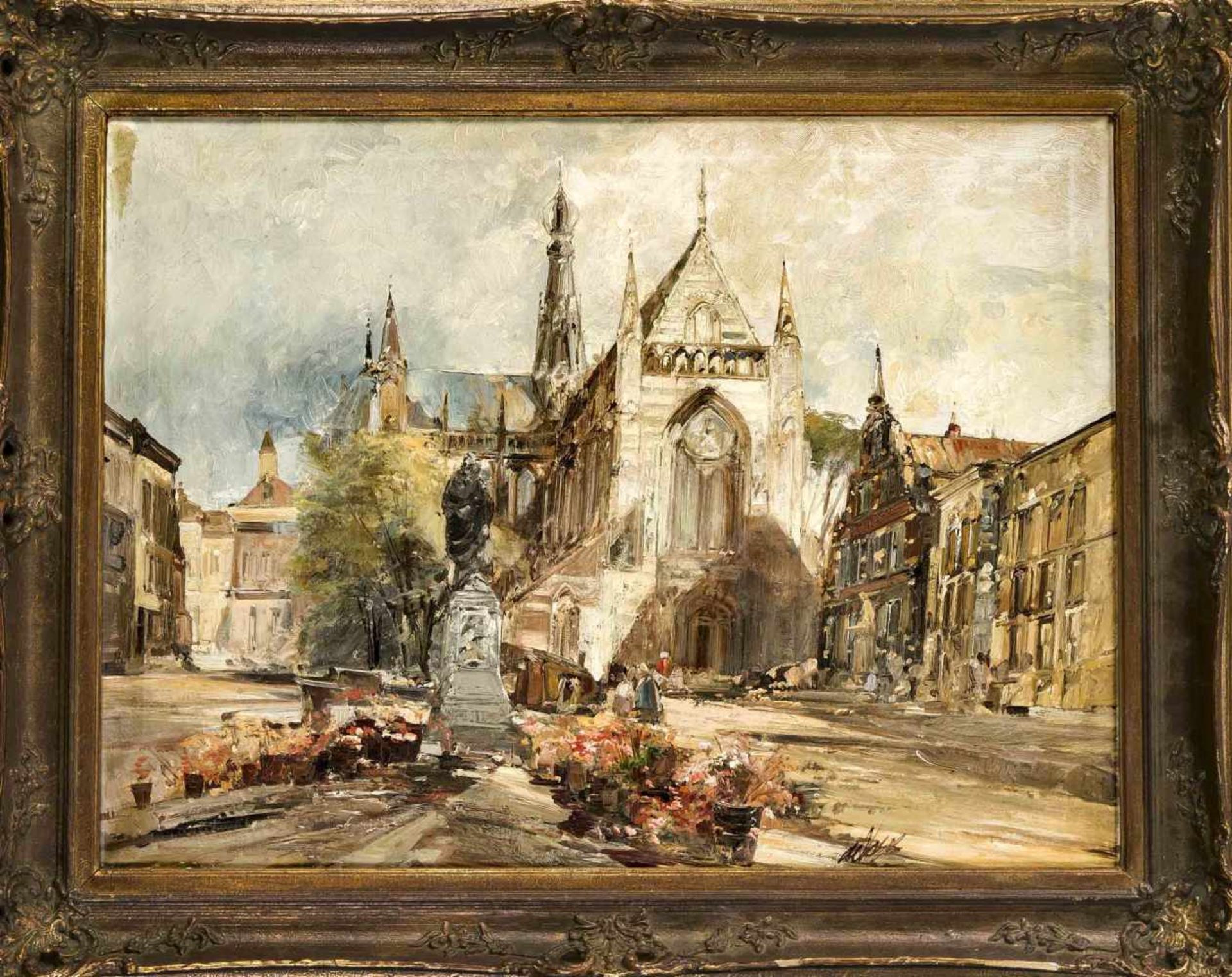 Adolf Vogel (1895-?), Blumenmarkt auf einem Kirchvorplatz mit großem Standbild, Öl/Lwd., u. re.