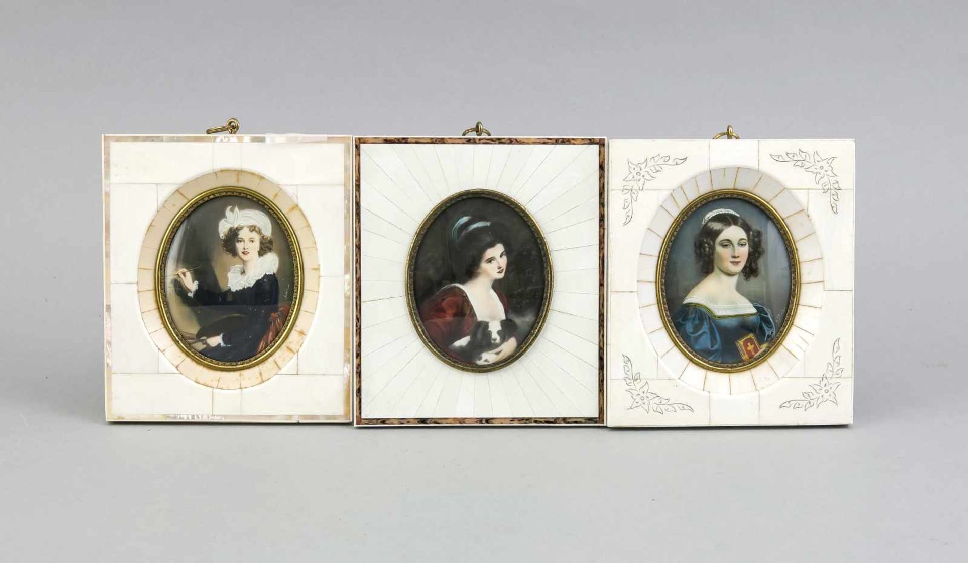 Konvolut von drei Miniaturen 20. Jh., Vigée-Lebrun an der Staffelei, Anna Hillmayer, sowie Lady