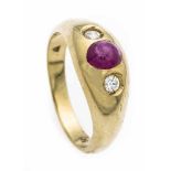 Rubin-Brillant-Ring GG 585/000 mit einem ovalen Rubin-Cabochon 5,5 x 4,5 mm in guter Farbe und 2