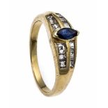 Saphir-Diamant-Ring GG 585/000 mit einem navetteförmig fac. Saphir 5 x 3 mm und Diamant-Carrés, zus.