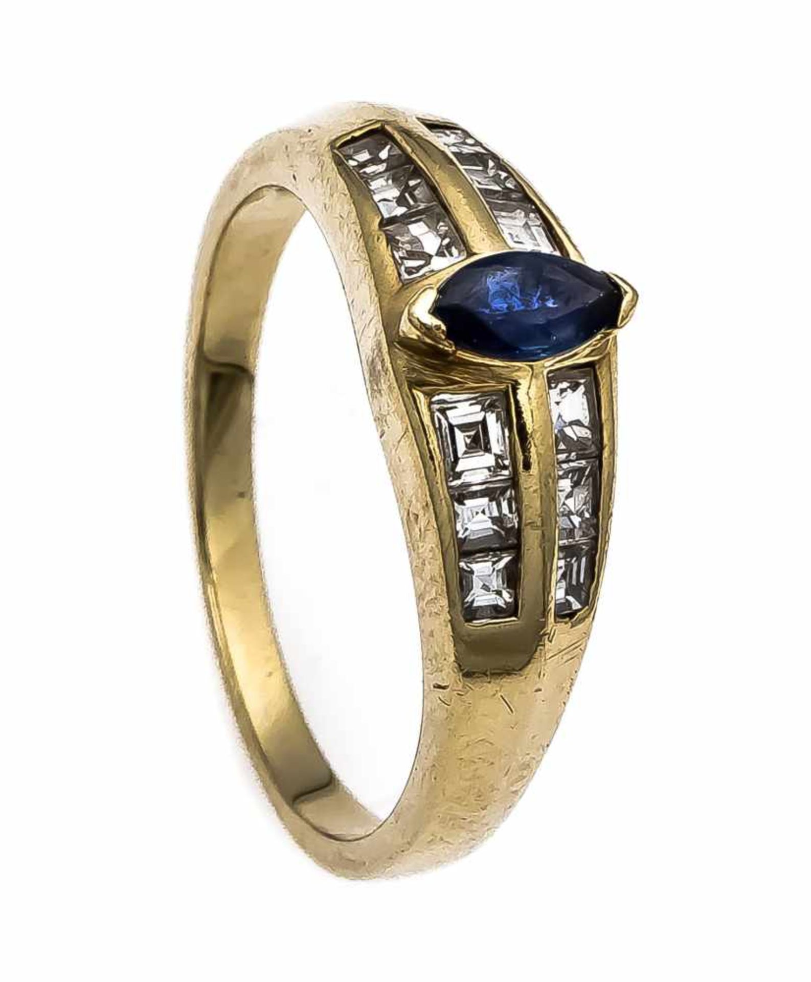 Saphir-Diamant-Ring GG 585/000 mit einem navetteförmig fac. Saphir 5 x 3 mm und Diamant-Carrés, zus.