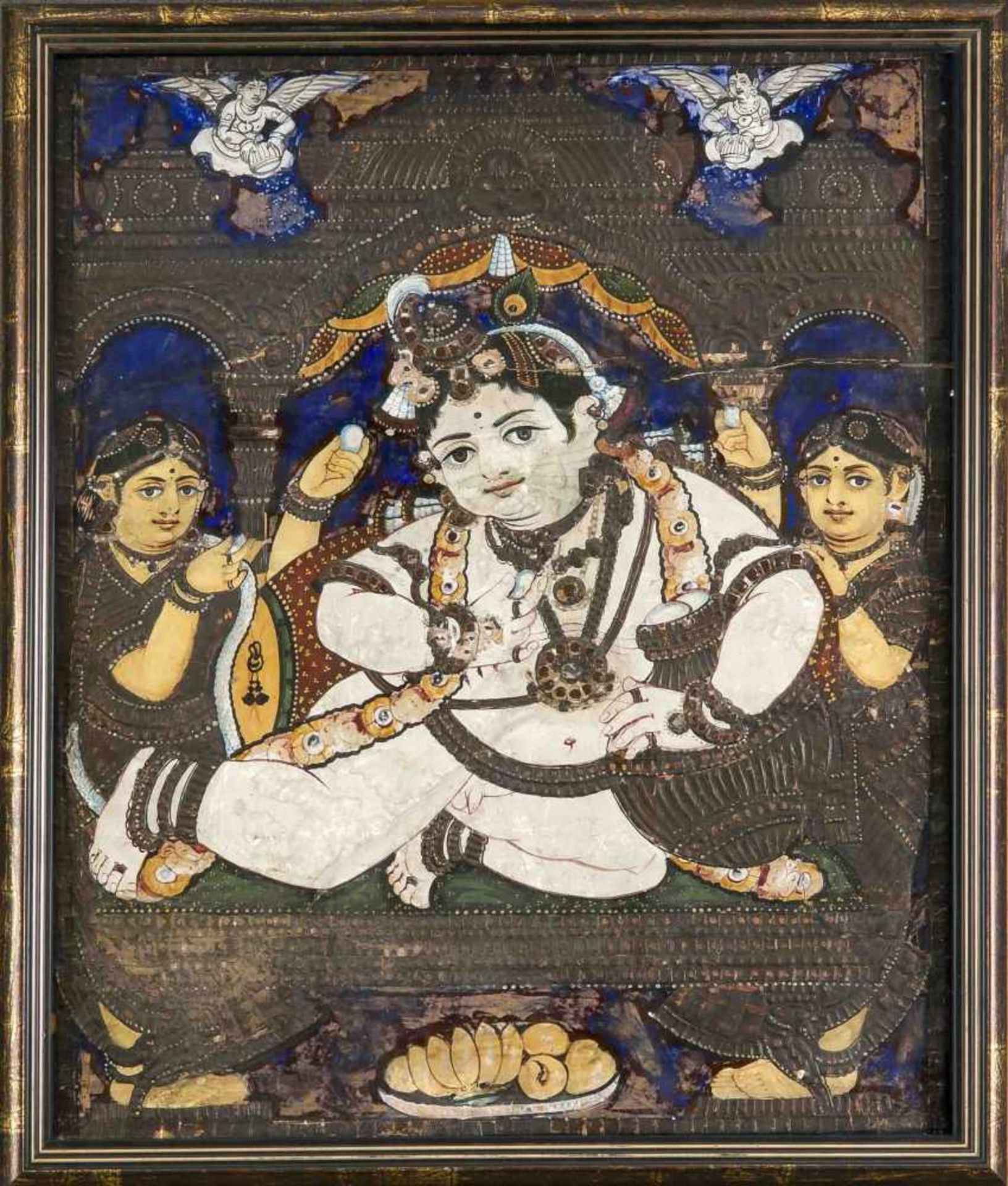 Tanjore-Malerei, Südindien, frühes 20. Jh., Jai Shri Krishna, besetzt mit Farbsteinen,