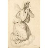 Monogrammist um 1850, trauernde, auf einer Wolke kniende Elfe mit Schmetterlingsflügeln,partiell