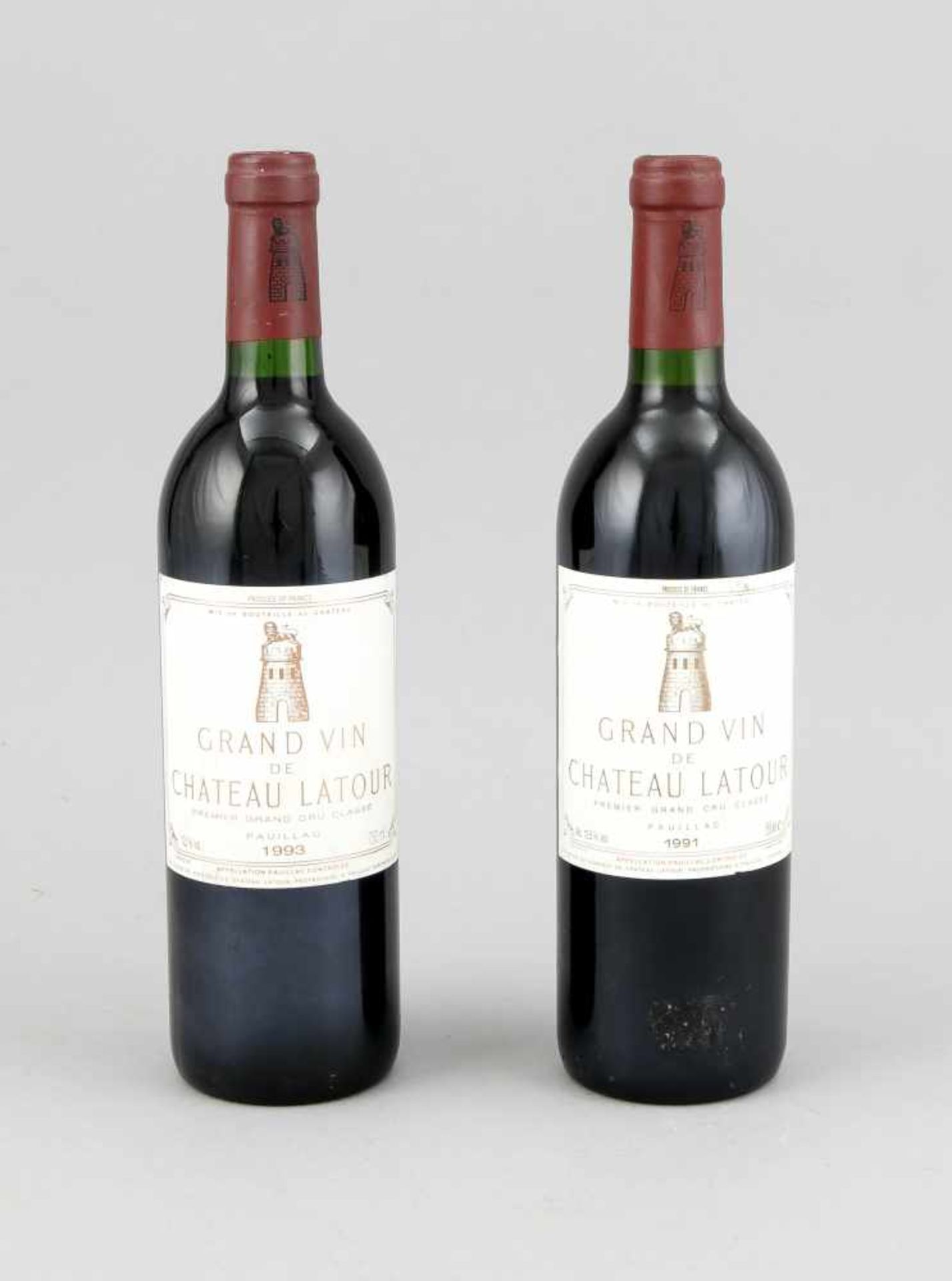 2 Flaschen Wein, Grand Vin de Chateau Latour (mis en bouteille au chateau), 1 x Jahrgang1991, 1 x