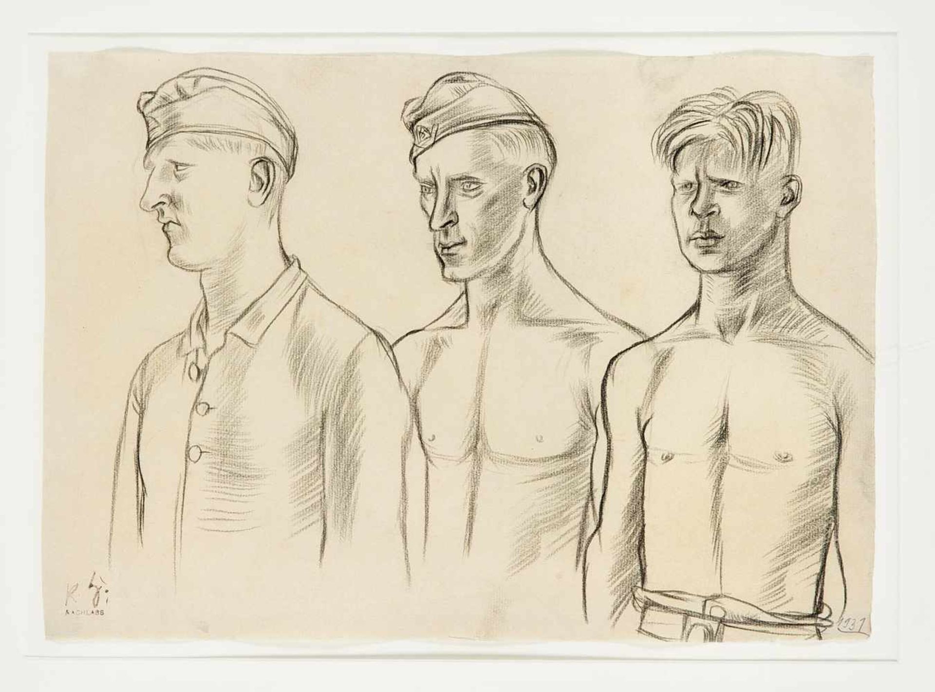 Karl Hubbuch (1891-1979), drei junge Soldaten, Bleistiftzeichnung auf Maschinenbütten,1931, u. re.