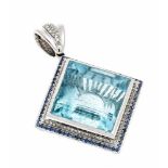 Aquamarin-Saphir-Brillant-Anhänger WG 585/000 mit einem feinen fac. Aquamarin 42,87 ct insehr