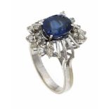 Saphir-Diamant-Ring WG 750/000 mit einem oval fac. Saphir 3,0 ct in sehr guter Farbe undDiamanten,