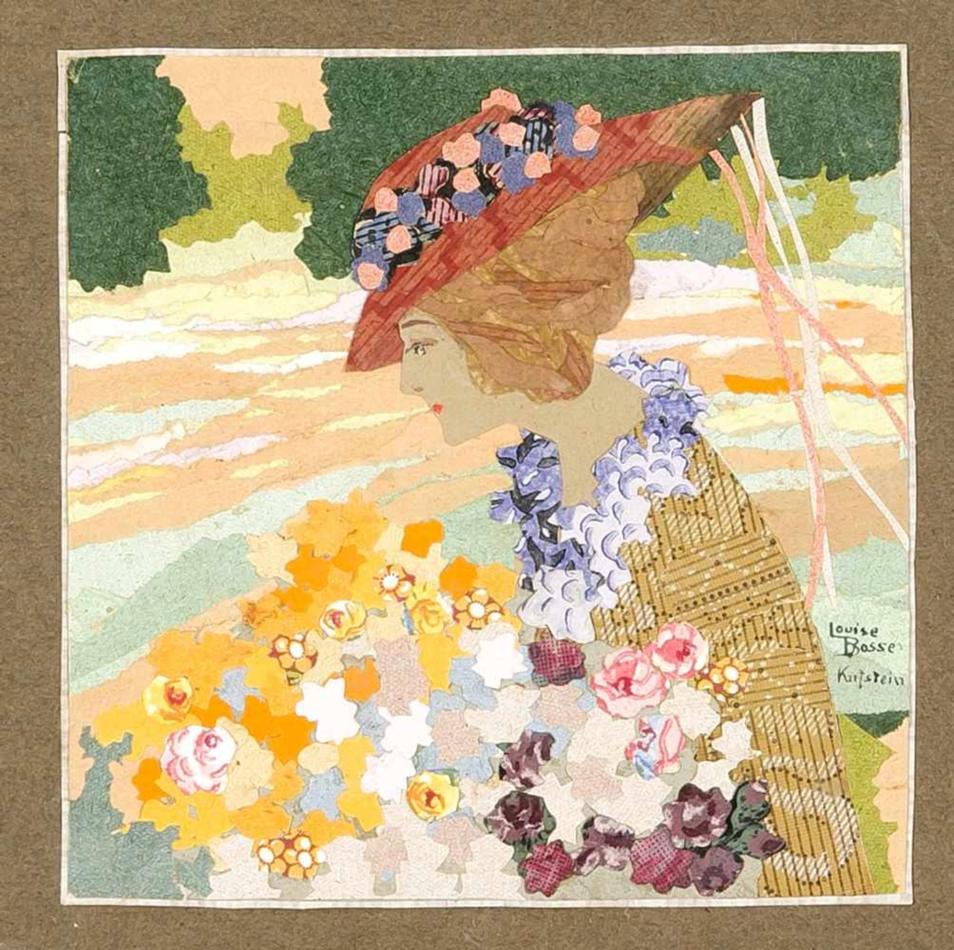 Louise Bosse (1878-1929), Frau mit Blumenstrauß. Collage aus verschiedenfarbigen Papieren,rechts