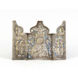 Metallikone/Reiseikone, Russland, 18. Jh., Triptychon Mutter der Passion, Bronze mitmehrfarbigem