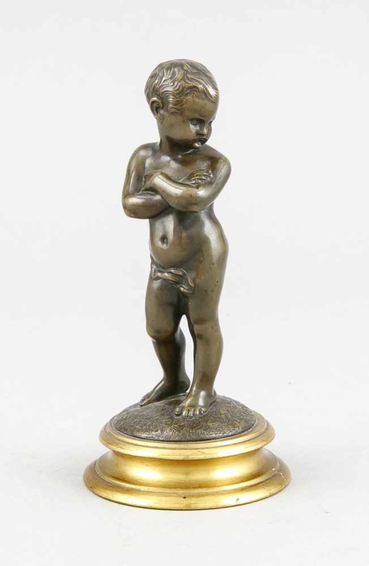 Louis Kley (1833-1911), kleine Bronzestatuette eines bockigen Jungen mit verschränktenArmen,