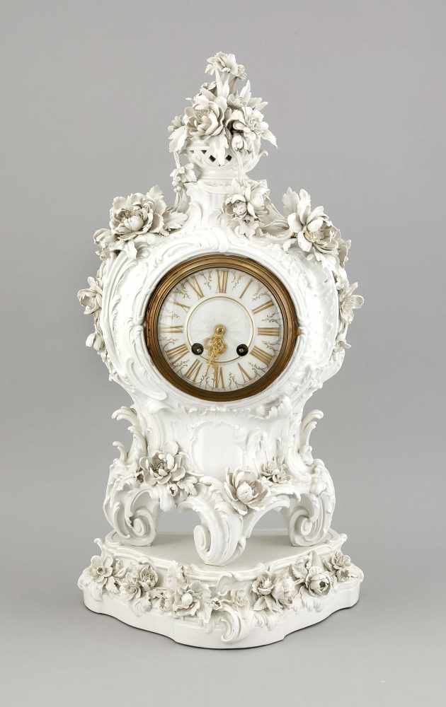 Dekorative Kamin-Uhr, KPM Berlin, Marke 1870- 1945, 2. W., weiß, Rokoko-Form mit