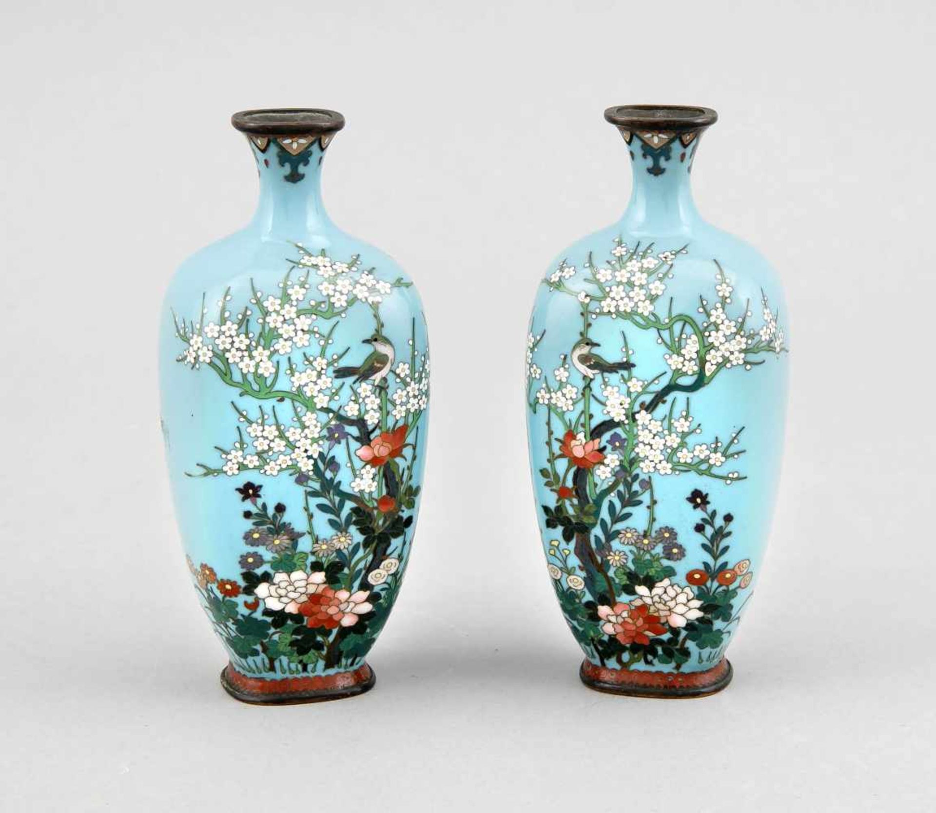 Paar kleine Cloisonné-Vasen, Japan/China, um 1900, Dekor mit kleinem blühenden Baum(Pflaume?),