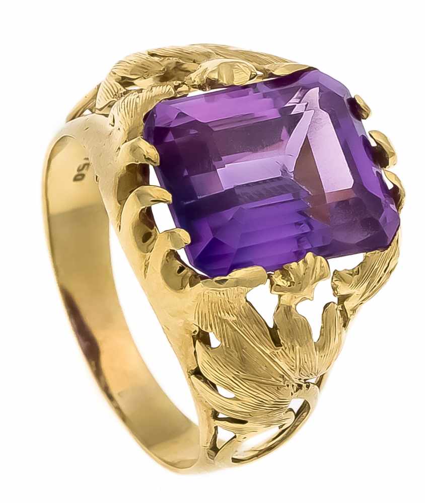 Amethyst-Ring GG 750/000 mit einem fac. Amethyst 12 x 10 mm in guter Farbe, RG 57, 6,6 gAmethyst