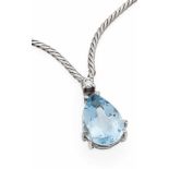 Aquamarin-Brillant-Collier WG 585/000 mit einem tropfenförmig fac. Aquamarin 12,5 x 8,9mm, 3,22 ct