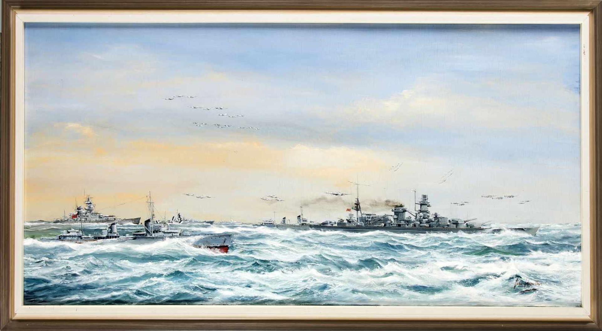 John Hamilton (1919-1993), britischer Marinemaler, großes Kreuzergeschwader mitKampfflugzeugen