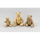 3 alte Teddys, Deutschland, 1. H. 20. Jh., 1 x mittelgroß mit hellerem Fell, 2 x klein mitetwas