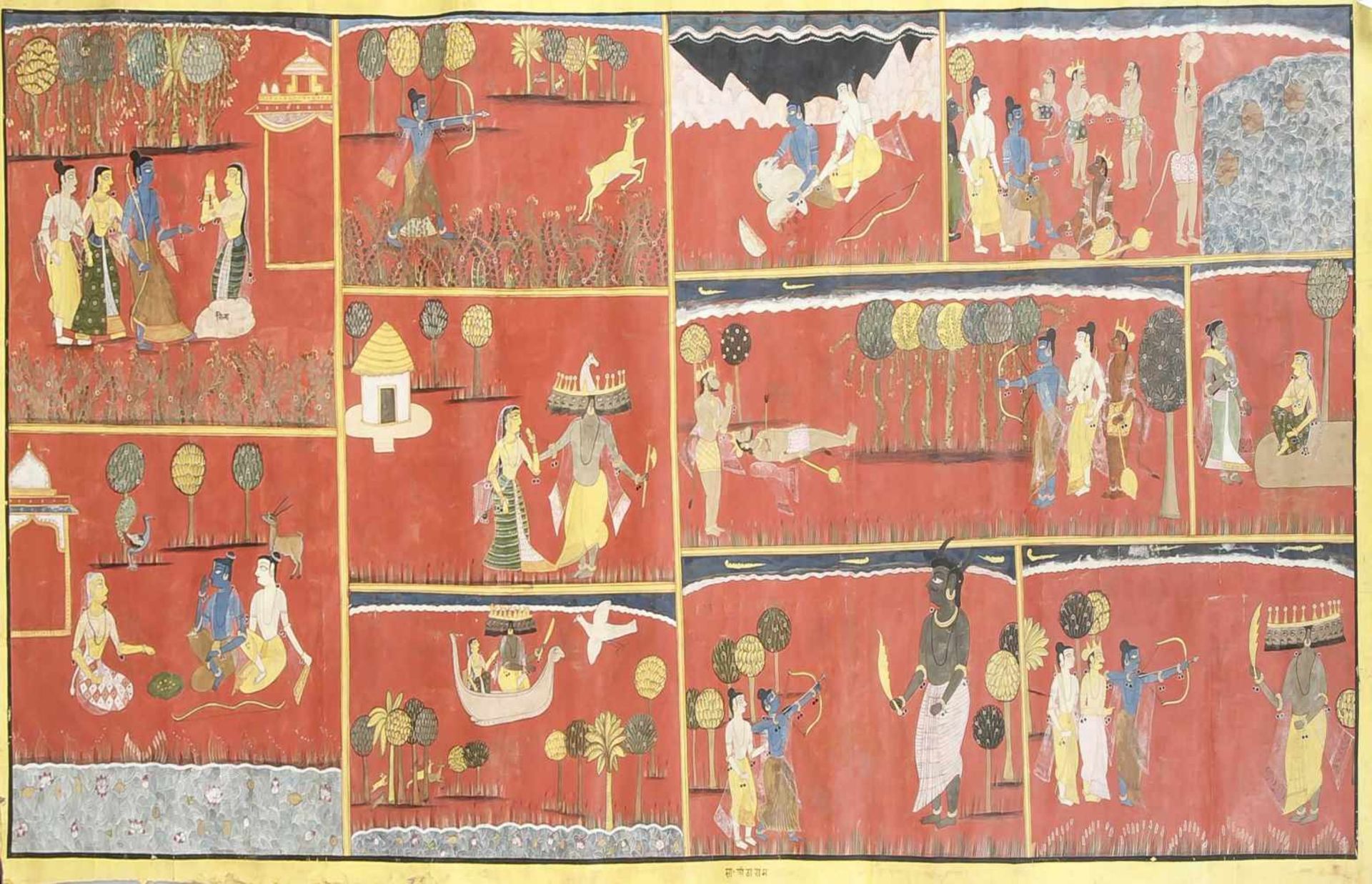 Indische Malerei, Gujarat-Schule um 1900. Pigment auf Papier, auf Leinwand aufgebracht.Auf 11 Felder