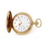 Herren-Sprungdeckeltaschenuhr Rhetia swiss, Gehäuse und Deckel 585 Gold, Gehäuse mitJagdmotiven