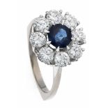 Saphir-Brillant-Ring WG 750/000 mit einem rund fac. Saphir 1,09 ct in sehr guter Farbe und8