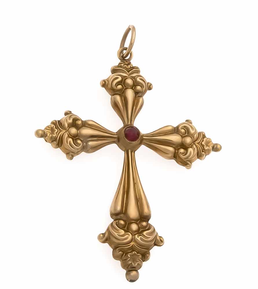 Kreuzanhänger Gold um 1880 mit einem fac. Granat 4 mm, L. 65 mm, 5,9 gCross pendant gold around 1880