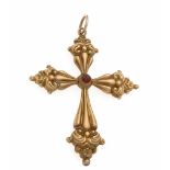 Kreuzanhänger Gold um 1880 mit einem fac. Granat 4 mm, L. 65 mm, 5,9 gCross pendant gold around 1880