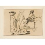 Orientalist Mitte 19. Jh., zwei in groben Zügen skizzierte, figürliche Szenen aus Fes /Marokko,