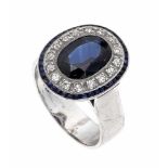 Saphir-Diamant-Ring WG 585/000 mit einem oval fac. Saphir 10 x 7 mm (l.best.) in einemlebhaften,