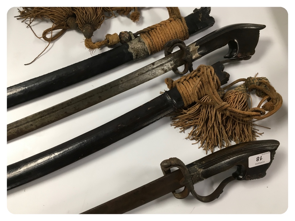 A PAIR OF MOROCCAN NIMCHA STYLE SWORDS IN SIMILAR LEATHER BOUND SCABBARDS A/F CONDITIONS WITH POOR - Image 6 of 7